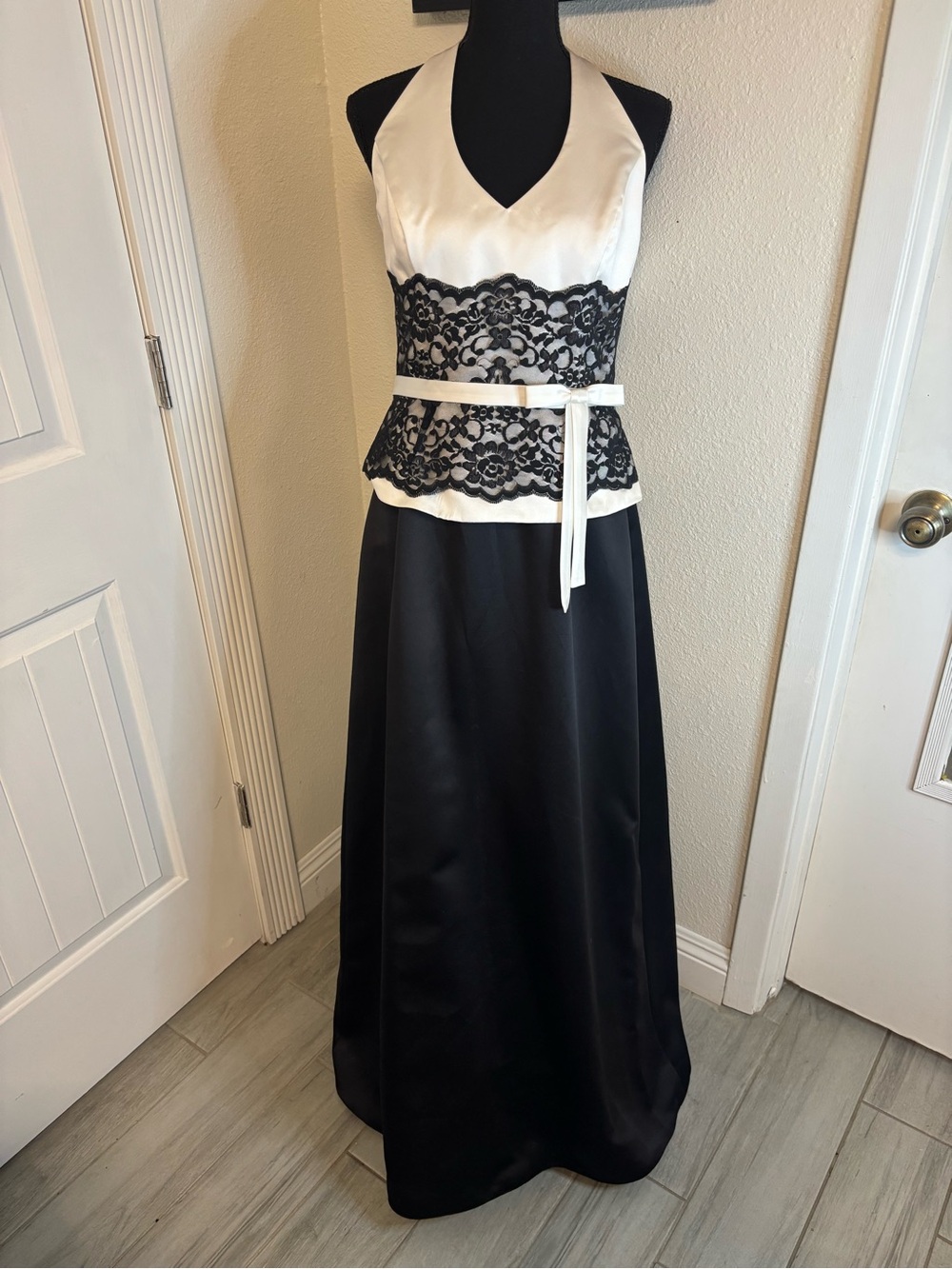 Alfred Angelo Black and White One-Shoulder Evening Gown with Lace Waist